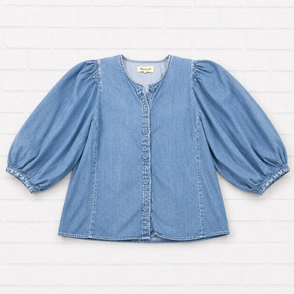 Madewell Chambray Puff Sleeve Button Front Top Blue Lyocell Blend Blouse Size 4